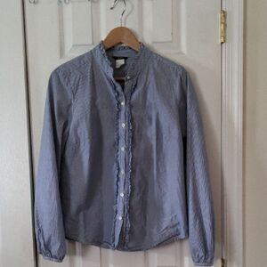 like new Blue Striped ruffle women's Button-Up Blouse size 6 small-medium